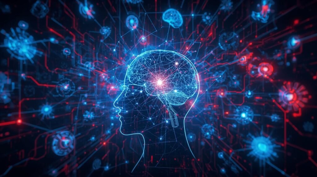 Futuristic AI visualization showing multiple artificial intelligence model types, with a human head silhouette connected to glowing neural networks, data nodes, and digital circuits, dark tech background, blue and red neon highlights, modern 3D illustration, high-tech and analytical style.