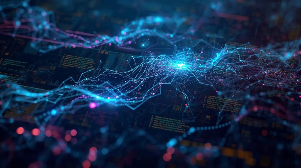 Abstract visualization of AI algorithms processing data through interconnected neural networks and code layers
