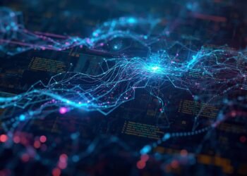 Abstract representation of an AI algorithm using nodes, arrows, and a neural network overlaid on code