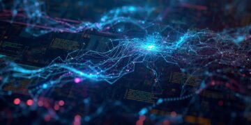 Abstract representation of an AI algorithm using nodes, arrows, and a neural network overlaid on code