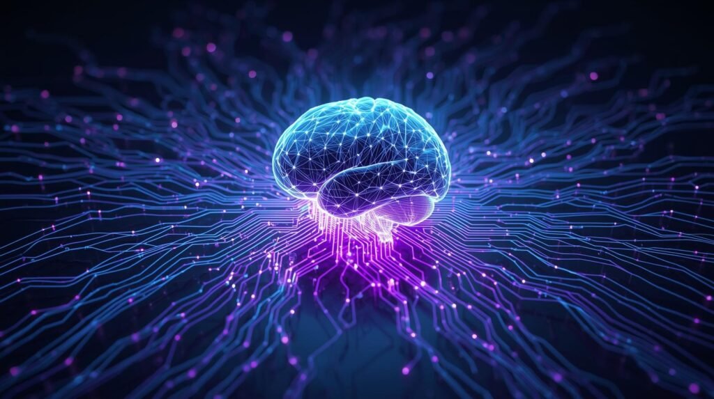 Conceptual illustration of artificial intelligence as a brain blending with digital circuits and a neural network