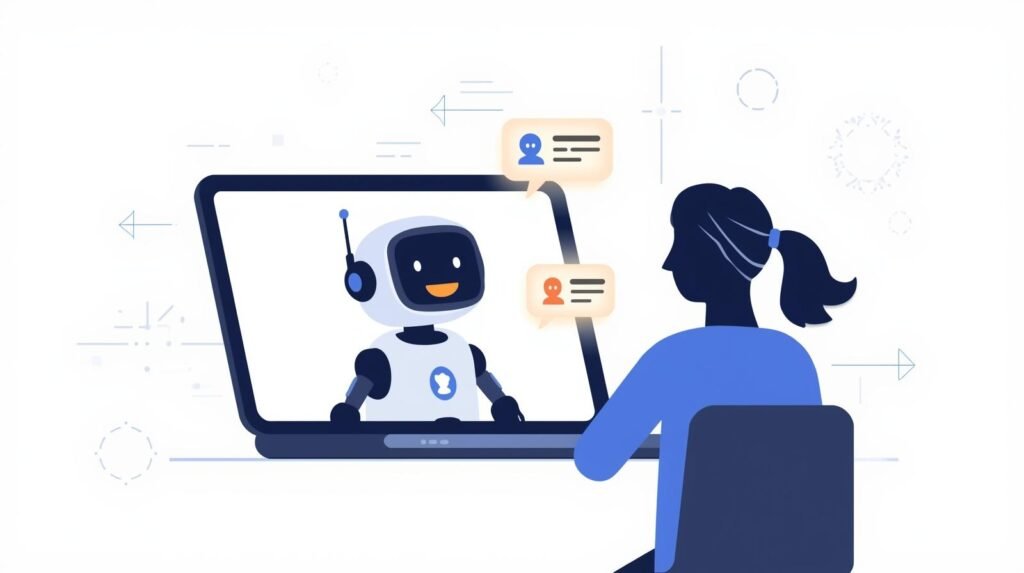 Illustration of a chatbot on a device screen having a conversation with a person