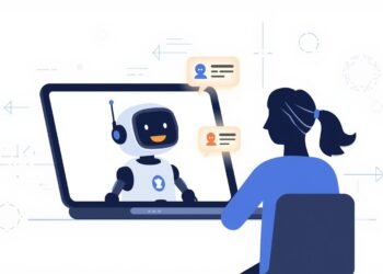 Illustration of a chatbot on a device screen having a conversation with a person