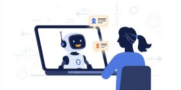 Illustration of a chatbot on a device screen having a conversation with a person