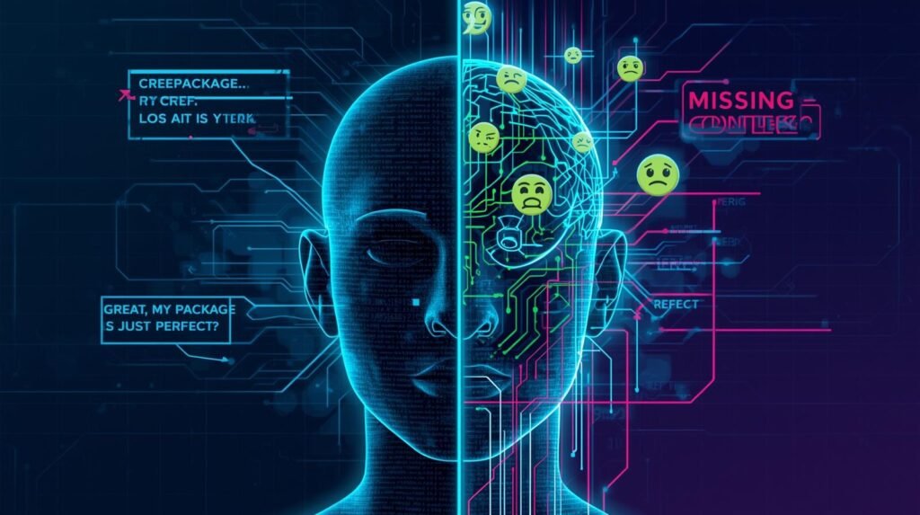 A visual comparison of a human brain and an AI system showing how sarcasm confuses artificial intelligence when context is missing in sentiment analysis