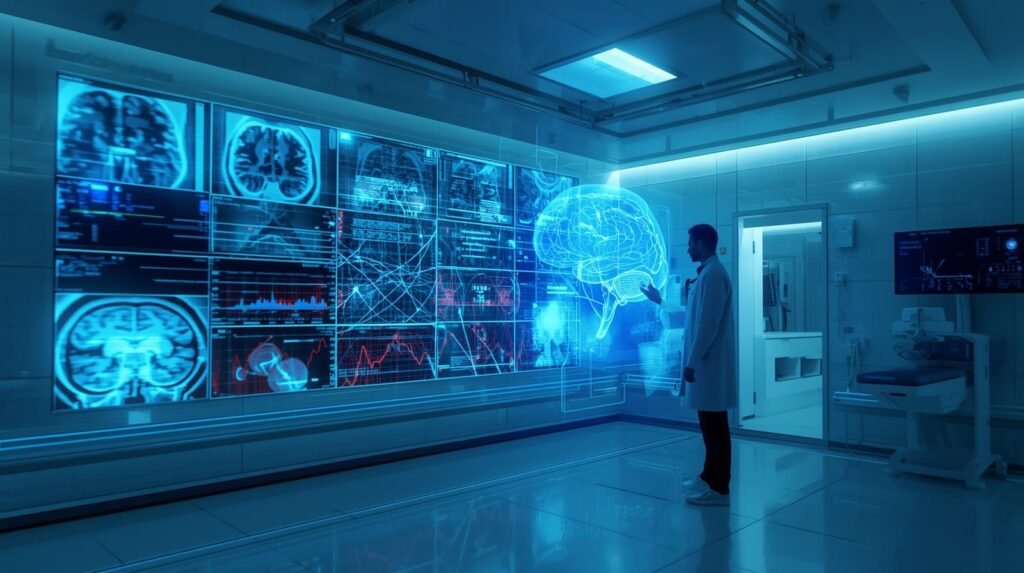 Intelligent AI systems analyzing medical images such as X-ray, MRI, and CT scans in a modern radiology lab