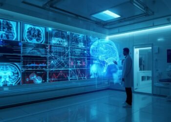 Intelligent AI systems analyzing medical imaging such as X-ray, MRI, and CT scans in a modern radiology lab