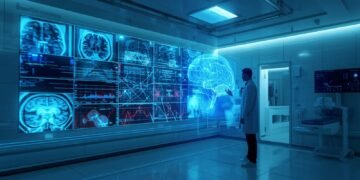 Intelligent AI systems analyzing medical imaging such as X-ray, MRI, and CT scans in a modern radiology lab