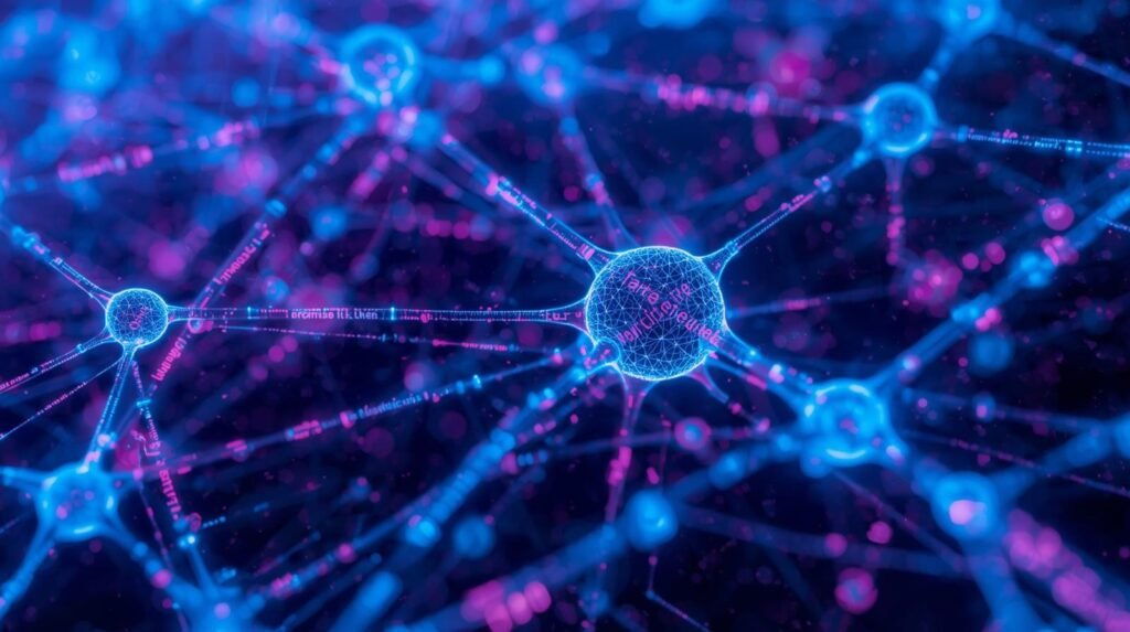 Abstract visualization of neural networks with interconnected nodes and glowing data pathways representing artificial intelligence and deep learning connections.