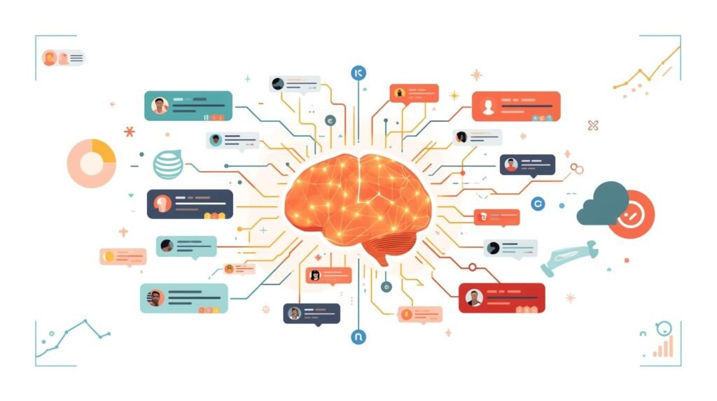 Illustration of an AI system analyzing online messages and reviews to classify them as positive, negative, or neutral using sentiment analysis