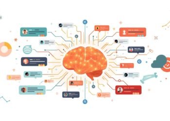 Illustration of an AI system analyzing online messages and reviews to classify them as positive, negative, or neutral using sentiment analysis