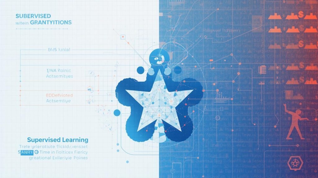 Illustration of supervised learning showing labeled data guiding an AI model, with visual charts, symbols, and a central star representing accuracy and structured machine learning training.