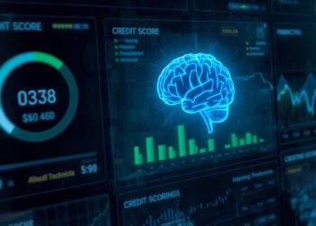 AI credit scoring system analyzing borrower financial data with digital risk dashboard.