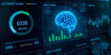 AI credit scoring system analyzing borrower financial data with digital risk dashboard.