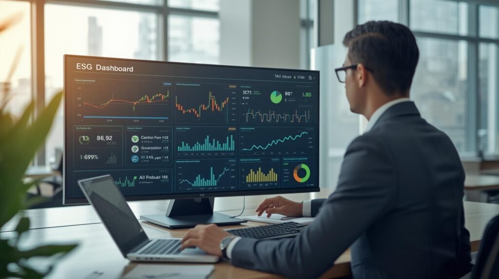 Financial professional analyzing AI-driven ESG dashboard with sustainability and governance metrics in modern office.