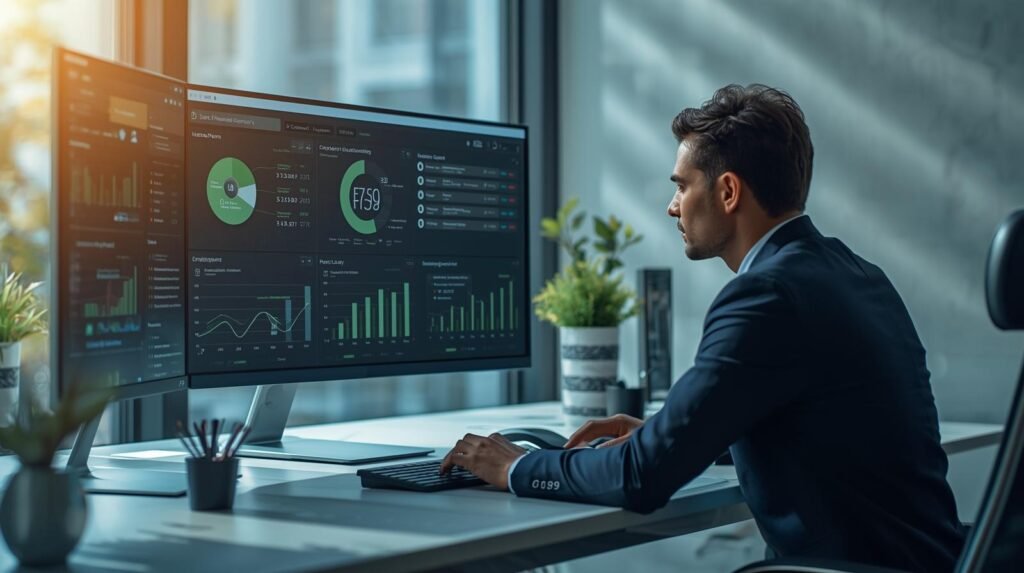 Financial analyst reviewing AI ESG investing dashboard with sustainability metrics and environmental data in modern office setting.