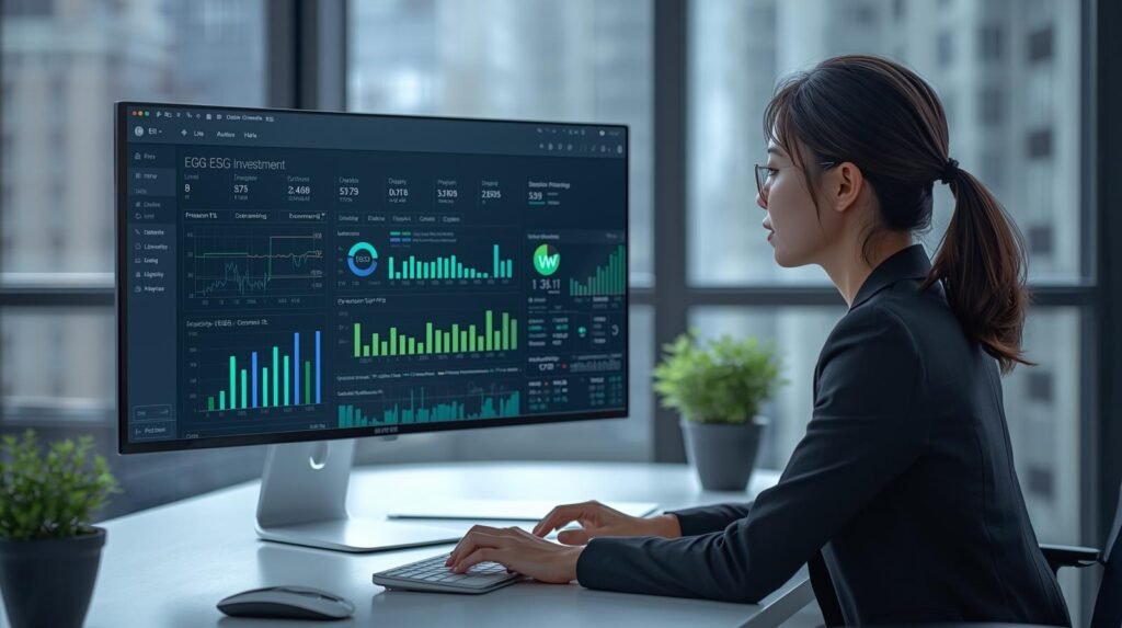 Financial analyst reviewing AI ESG investing dashboard with sustainability metrics and environmental data in modern office setting.