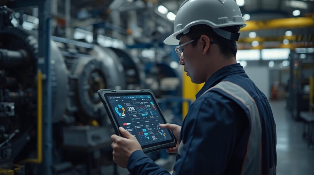 Industrial engineer reviewing AI equipment failure prediction dashboard with machine health analytics inside modern factory.