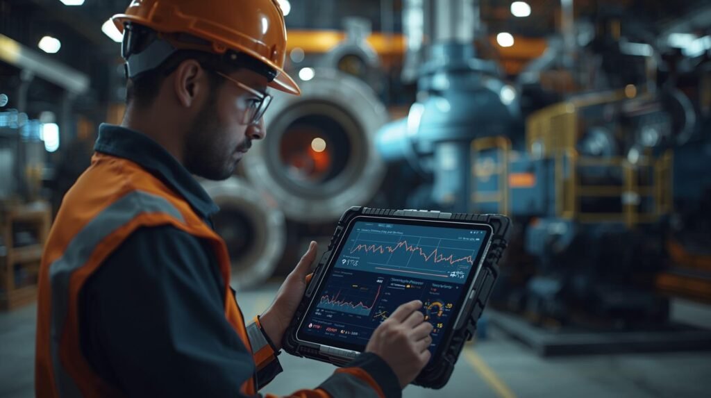 Industrial engineer reviewing AI equipment failure prediction dashboard with machine health analytics inside modern factory.