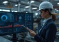 Industrial engineer reviewing AI equipment failure prediction dashboard with machine health analytics inside modern factory.