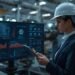 Industrial engineer reviewing AI equipment failure prediction dashboard with machine health analytics inside modern factory.