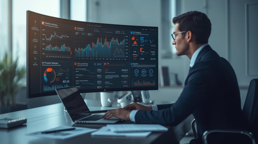 Investment analyst reviewing AI investment strategies dashboard with predictive market analytics in modern office.