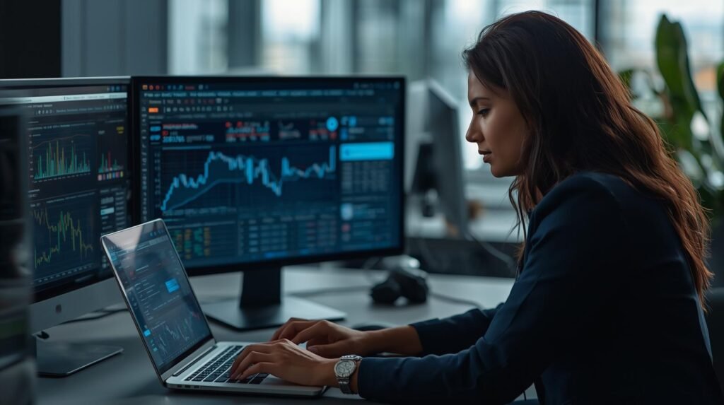 AI regulatory tools automating financial reporting and compliance tasks in modern office.