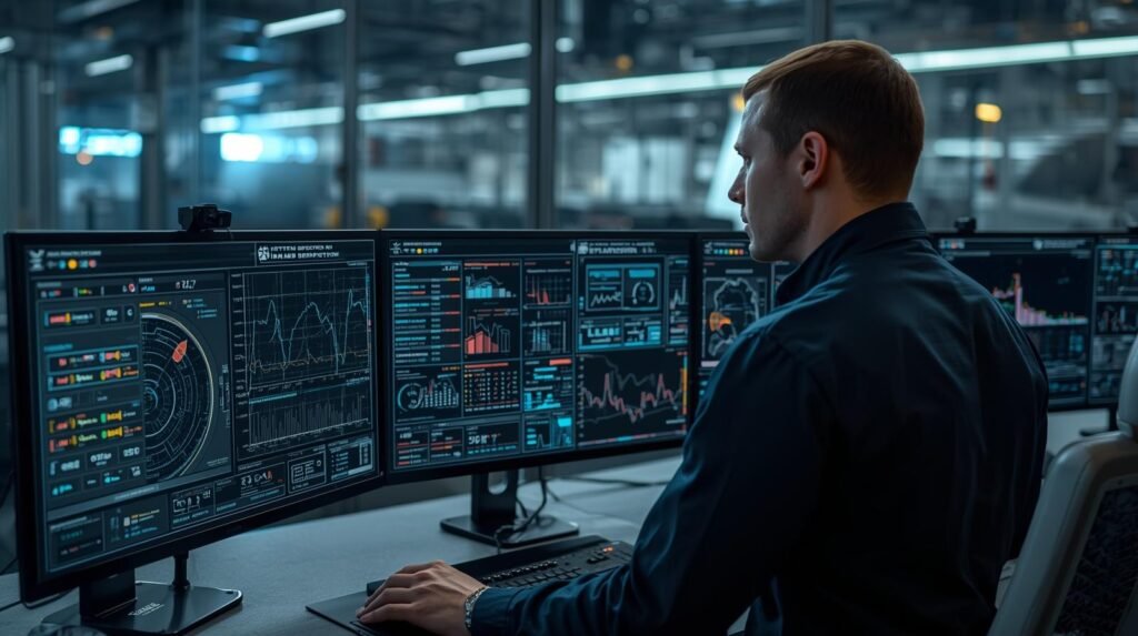 Systems engineer reviewing AI-driven diagnostics dashboard with fault detection and performance analytics in industrial control room.