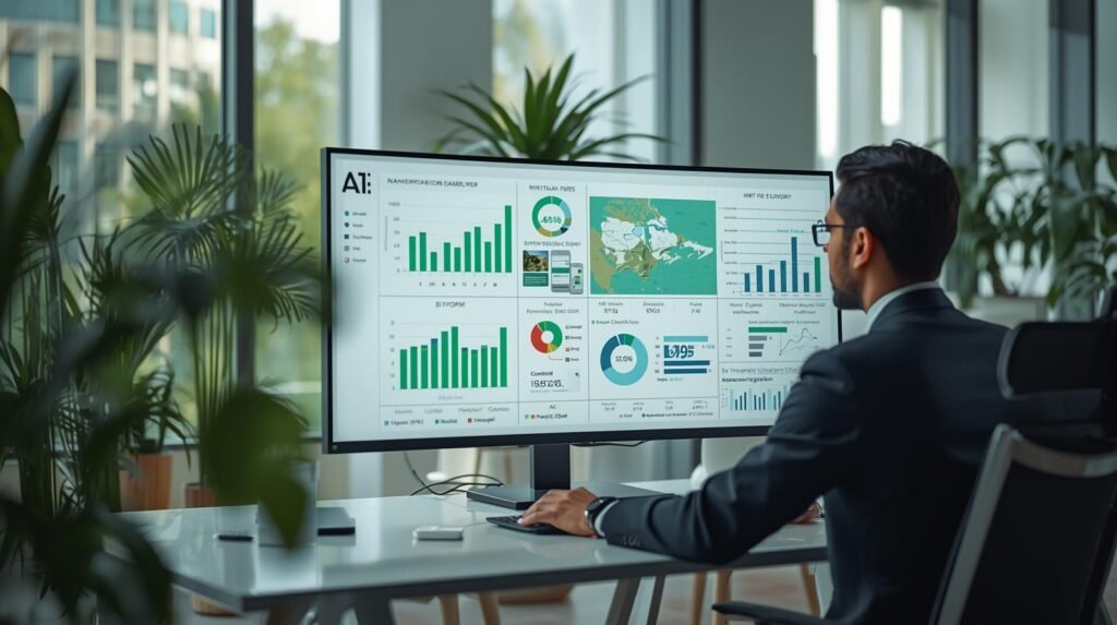 Sustainability professional analyzing AI for sustainability dashboard with environmental and renewable energy metrics in modern office.
