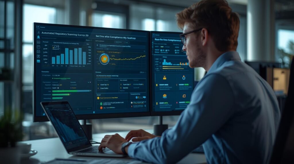 AI in RegTech system analyzing financial regulations in a professional office environment.