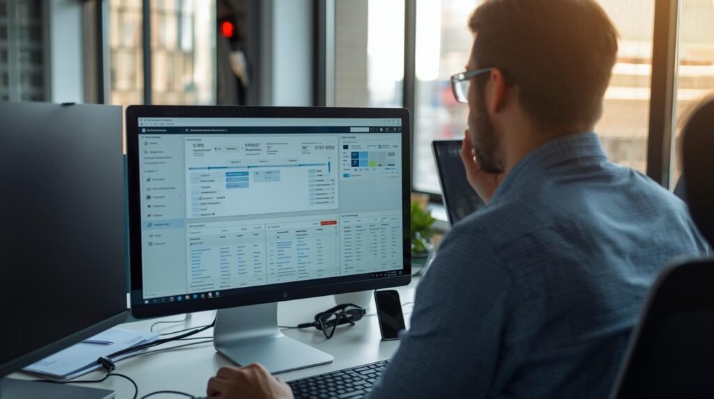 Compliance automation system processing financial regulatory workflows in modern office.