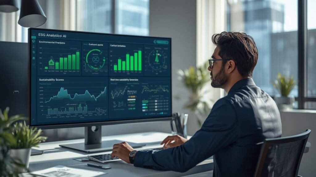 Sustainability analyst reviewing ESG analytics AI dashboard with environmental and governance data in modern office setting.