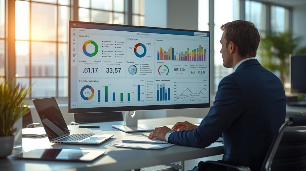 Financial advisor using ESG investment tools dashboard to analyze sustainability and portfolio data in modern office.