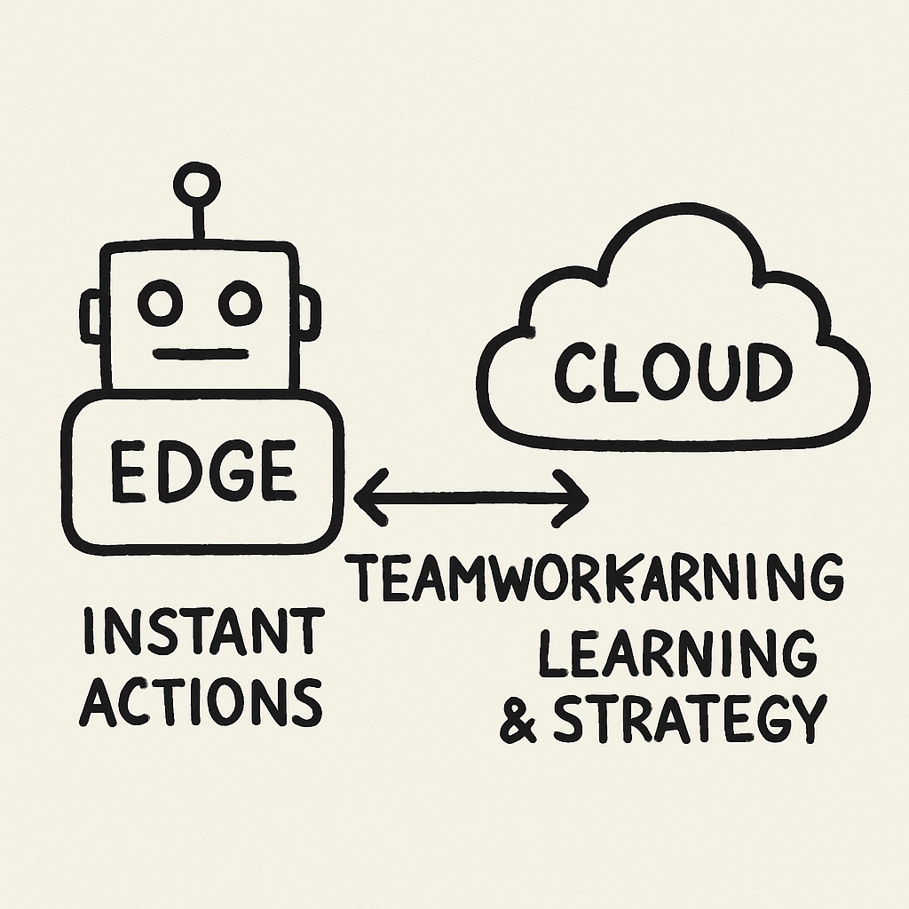 Diagram showing edge computing robots performing instant actions connected to cloud learning and strategy.
