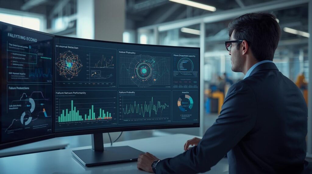 Data scientist analyzing machine learning failure prediction dashboard with anomaly detection graphs in modern workplace.