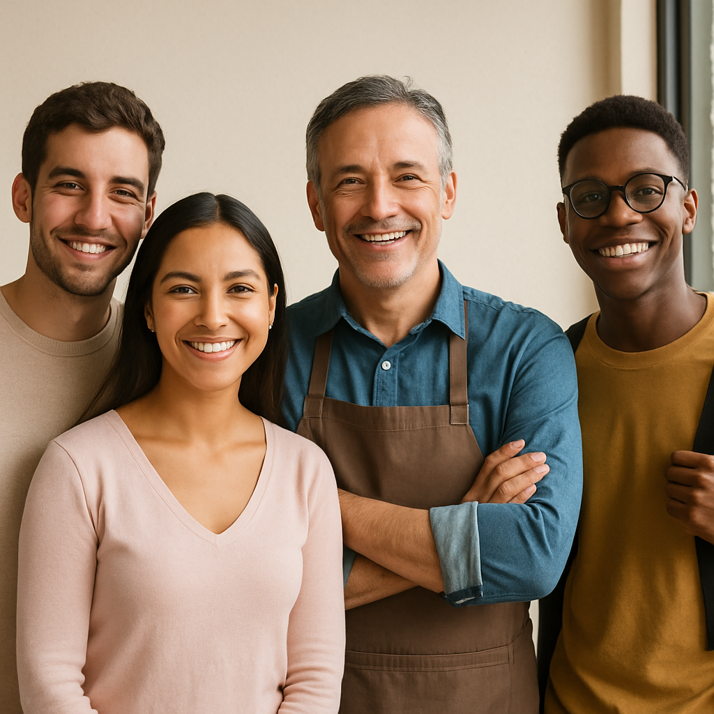 Diverse group of individuals representing fair AI credit scoring providing inclusive loan approvals and equal financial opportunities.