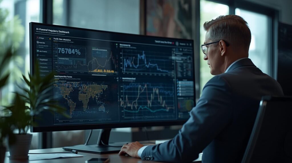 Professional working on RegTech AI for financial compliance dashboard with real-time risk monitoring system.