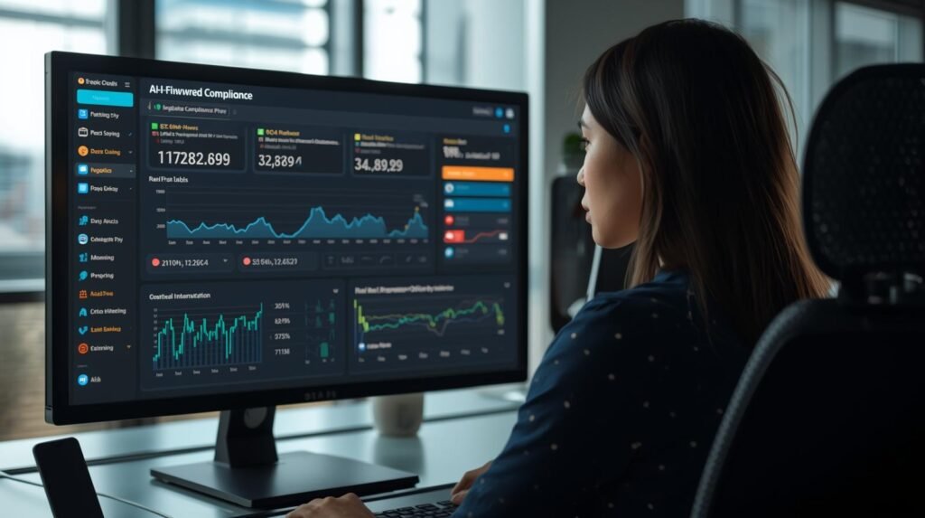 Professional working on RegTech AI for financial compliance dashboard with real-time risk monitoring system.