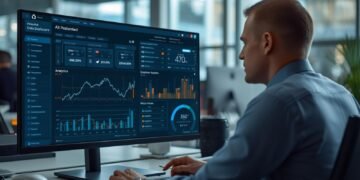 Professional working on RegTech AI for financial compliance dashboard with real-time risk monitoring system.