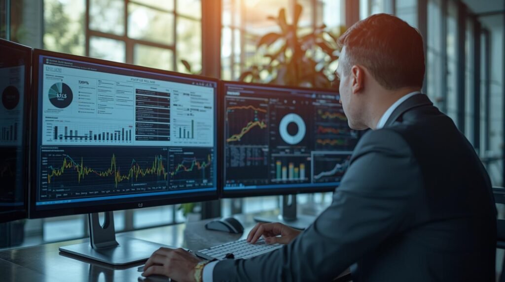 Bank professional using regulatory technology platform for financial compliance management.