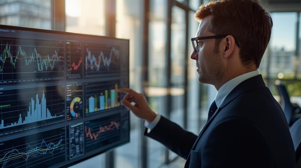 Risk management AI dashboard predicting financial compliance threats in banking environment.