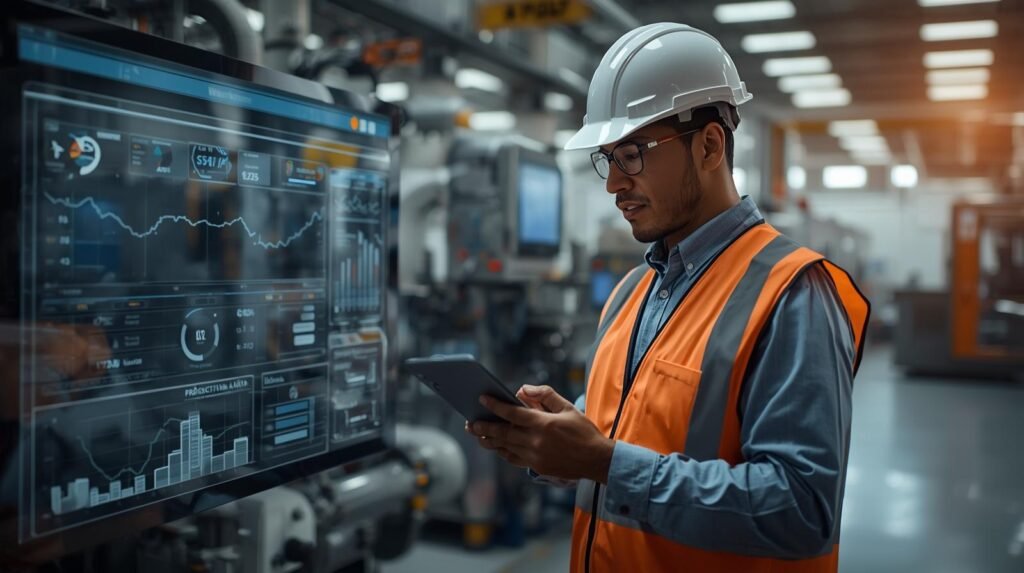 Maintenance professional using smart maintenance solutions dashboard to monitor real-time equipment performance in factory.
