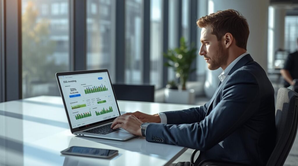 Financial professional using AI chatbot for ESG investing analysis in modern office environment.